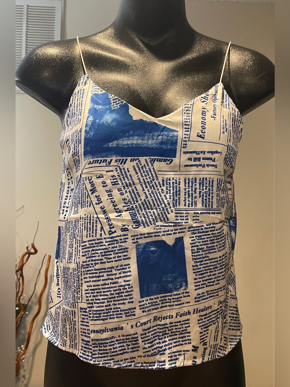 Blue & White Newspaper Print Satin Cami Tank Top By Ali’s Chic, Size Medium